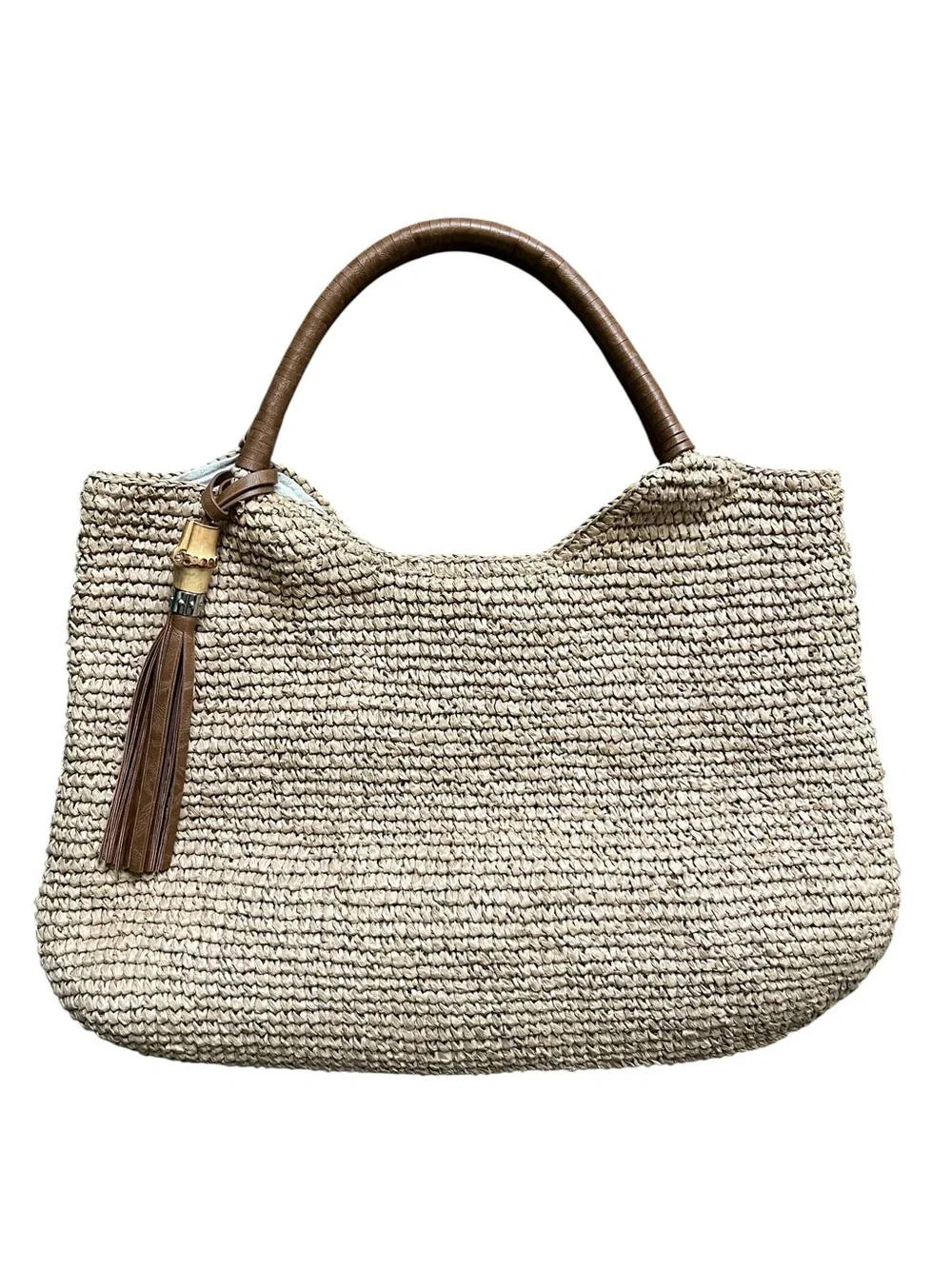 Tommy Bahama tan raffia straw hobo tote bag with linen lining
